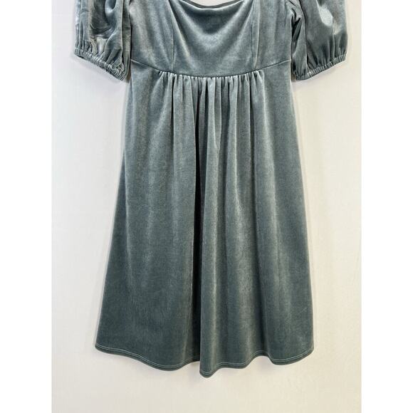 Dusty Blue Velvet Peasant Prairie Fairy Square Neck Puff Sleeved Mini Dress XS - Picture 6 of 12